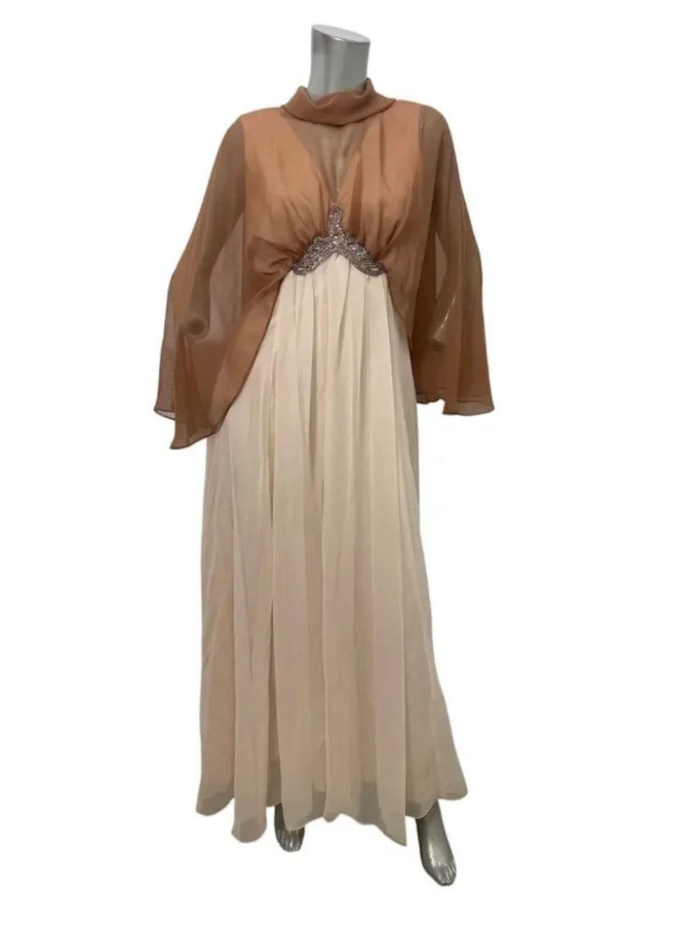 Vintage 60s 70s Cream Chiffon Two Tone Maxi Dress with Bead Accent